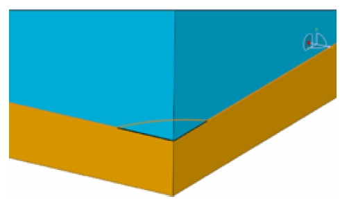 士盟科技-部落格-成功案例-圖2.模型中央有一個已存在的裂縫。模型的上半部（藍色）是矽晶片，下半部（黃褐色）是填充材料。此裂縫模擬了從晶片角落開始形成的微裂縫，或由於表面清潔不足造成的既有瑕疵。
    