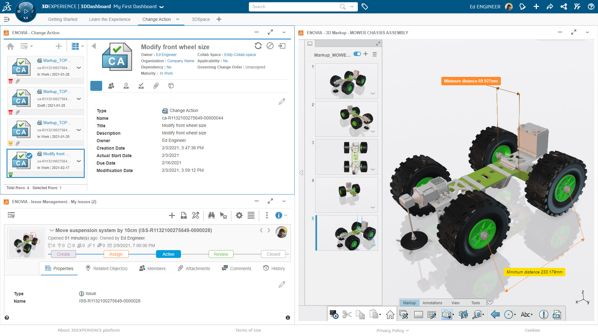 士盟科技-部落格-技術通報-圖2. 3DEXPERIENCE平台中的變更與協同示意：透過3D Markup與Change Action，設計調整可即時溝通並納入流程管理。